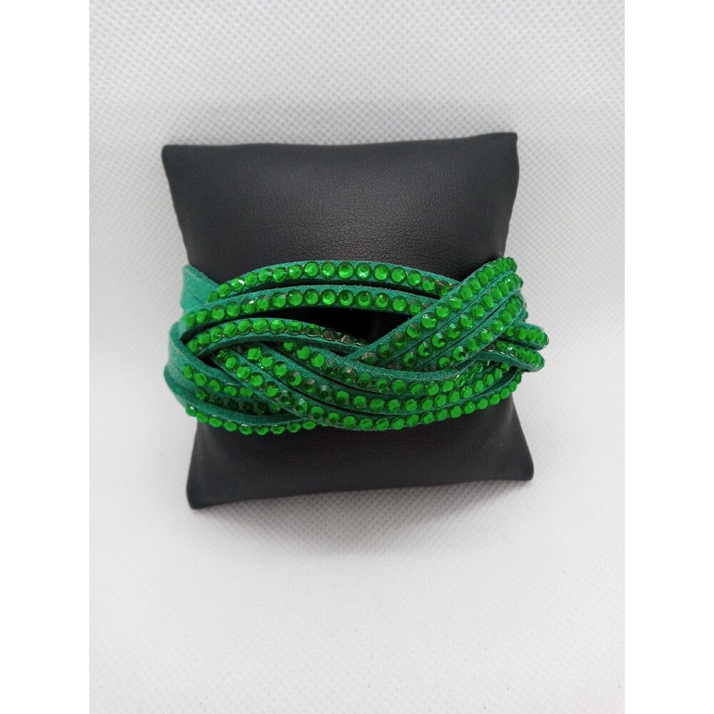 Pretty Green Rhinestone on Green Suede Adjustable Snap Closure Bracelet